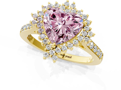 Yellow gold Fancy Pink Heart Cut Cut Diamond Sunburst Halo Engagement Ring with Pavé Band_1