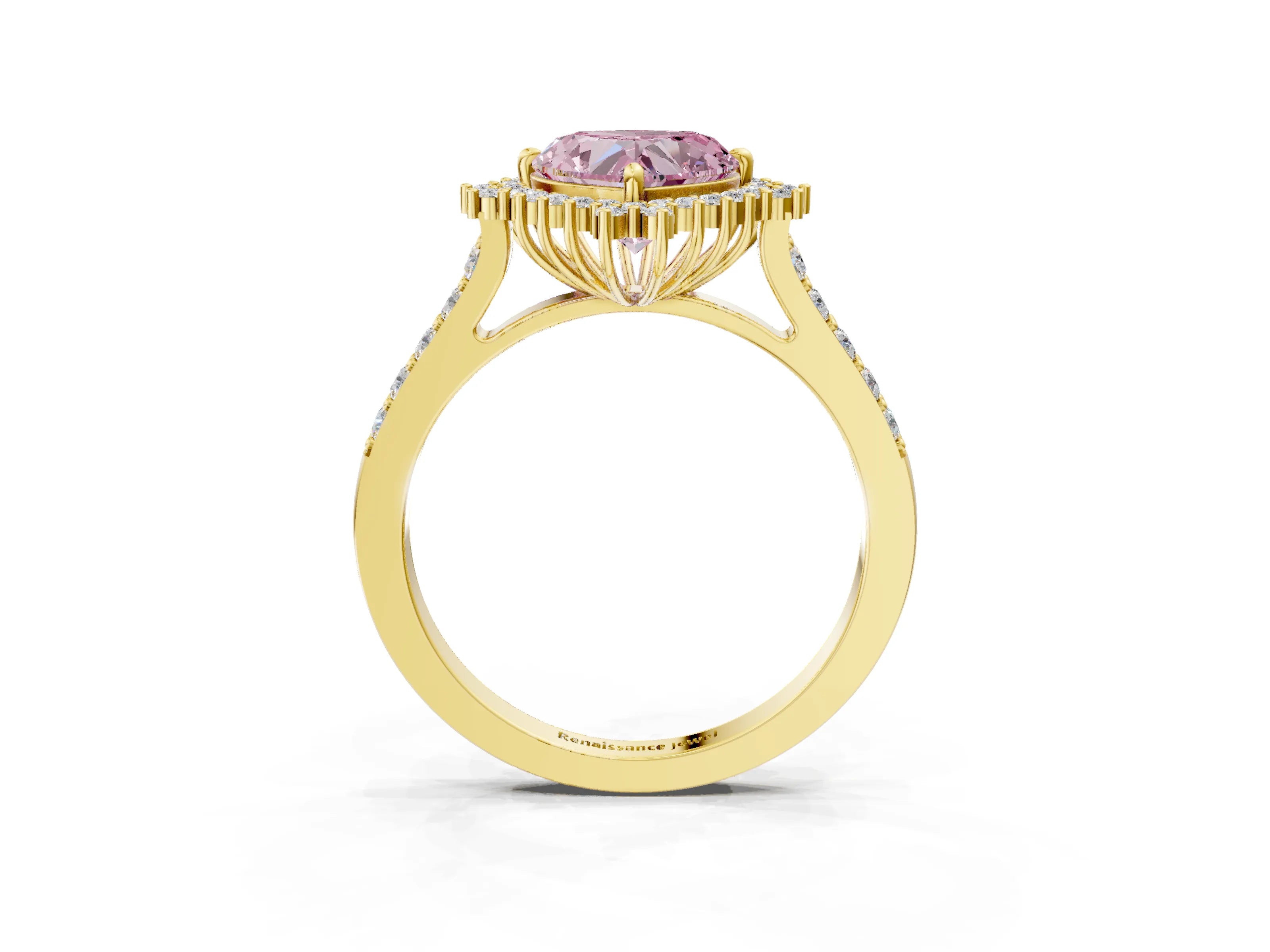 Yellow gold Fancy Pink Heart Cut Cut Diamond Sunburst Halo Engagement Ring with Pavé Band_3