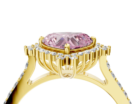 Yellow gold Fancy Pink Heart Cut Cut Diamond Sunburst Halo Engagement Ring with Pavé Band_4