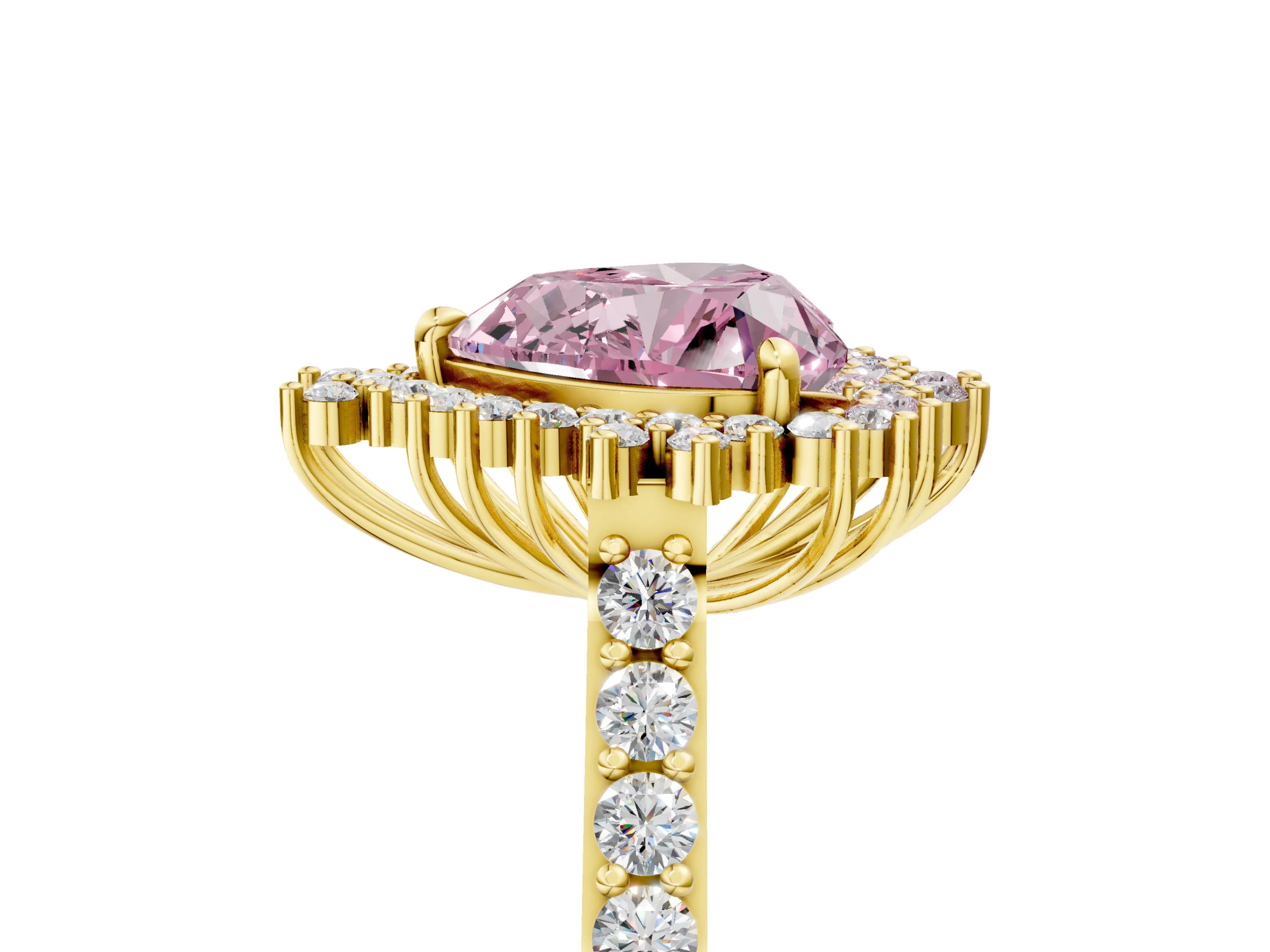Yellow gold Fancy Pink Heart Cut Cut Diamond Sunburst Halo Engagement Ring with Pavé Band_5