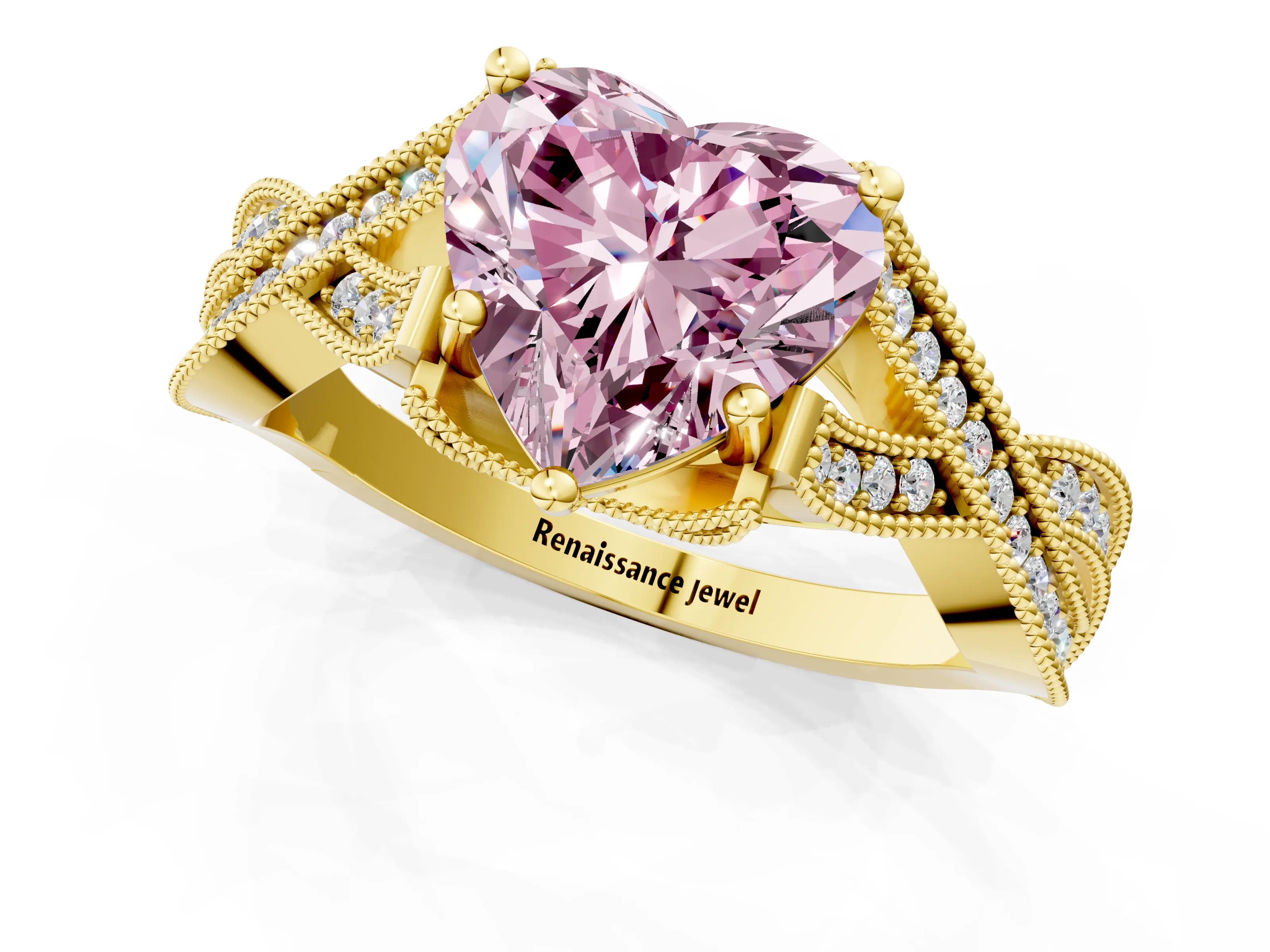 Yellow gold Fancy Pink Heart Cut Cut Diamond Twisted Band with Milgrain Pave Setting and Four-Prong Setting_1