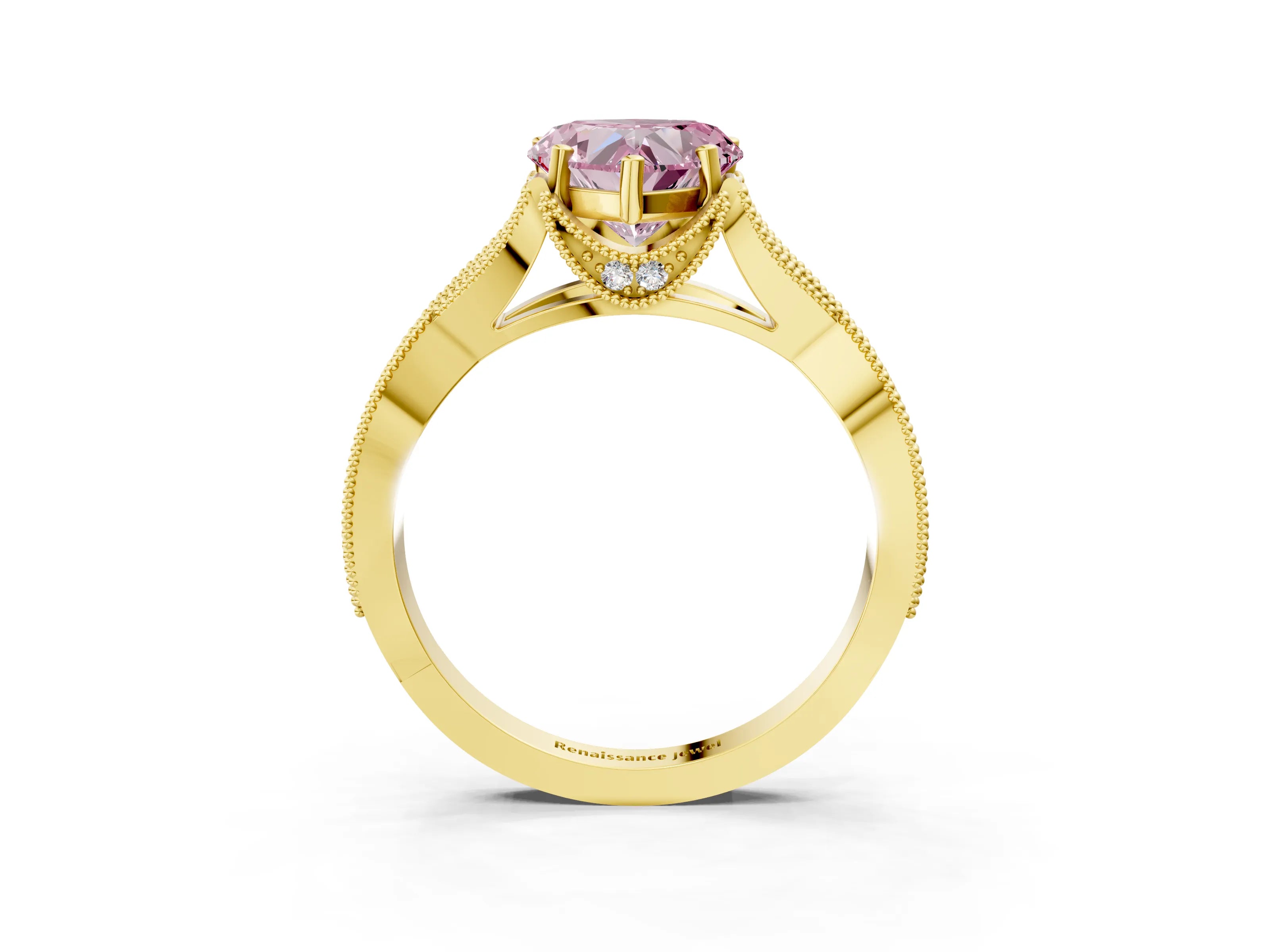 Yellow gold Fancy Pink Heart Cut Cut Diamond Twisted Band with Milgrain Pave Setting and Four-Prong Setting_3