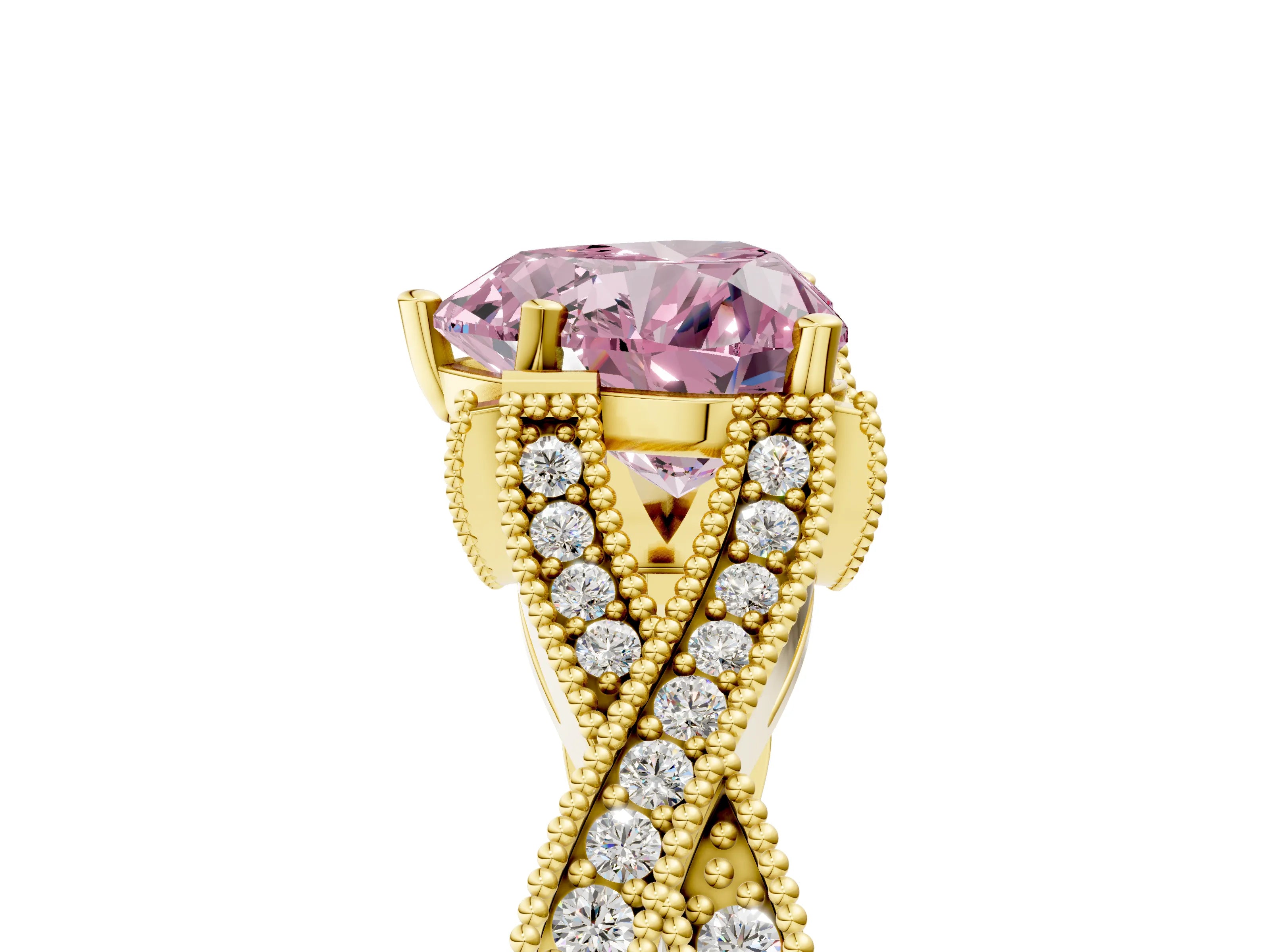 Yellow gold Fancy Pink Heart Cut Cut Diamond Twisted Band with Milgrain Pave Setting and Four-Prong Setting_5