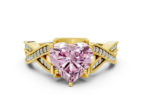 Yellow gold Fancy Pink Heart Cut Cut Diamond Twisted Band with Milgrain Pave Setting and Four-Prong Setting
