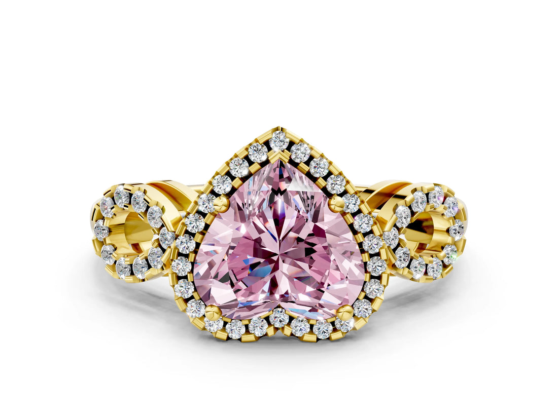 Yellow gold Fancy Pink Heart Cut Cut Halo Diamond Infinity Band with Four-Prong Setting