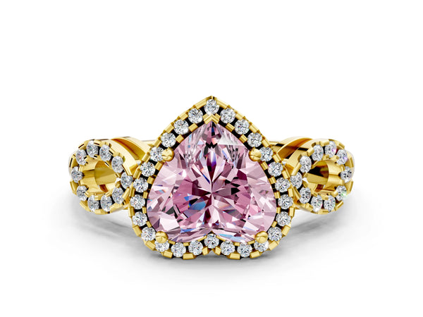 Yellow gold Fancy Pink Heart Cut Cut Halo Diamond Infinity Band with Four-Prong Setting