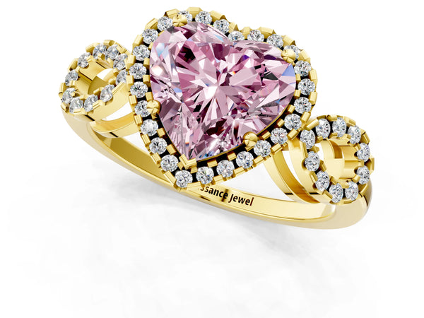 Yellow gold Fancy Pink Heart Cut Cut Halo Diamond Infinity Band with Four-Prong Setting
