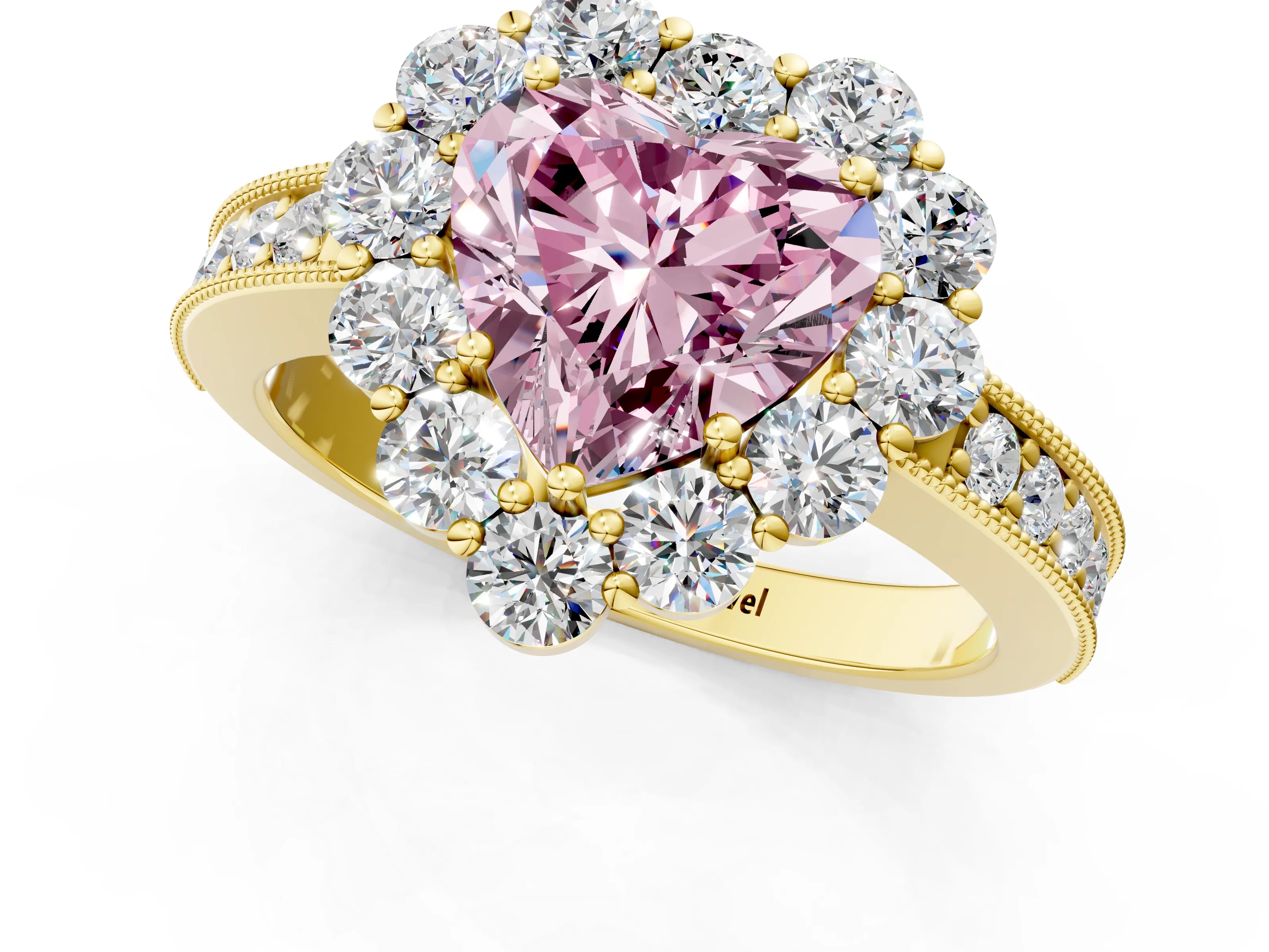 Yellow gold Fancy Pink Heart Cut Cut Halo Diamond Pavé Engagement Ring with Milgrain Detailing_1