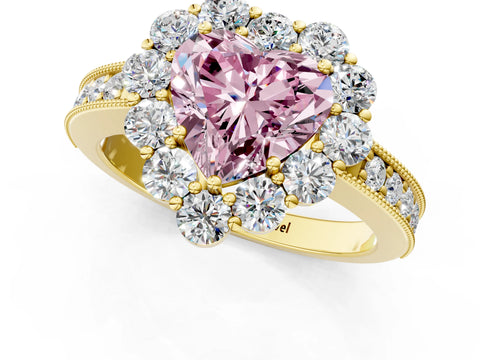 Yellow gold Fancy Pink Heart Cut Cut Halo Diamond Pavé Engagement Ring with Milgrain Detailing_1