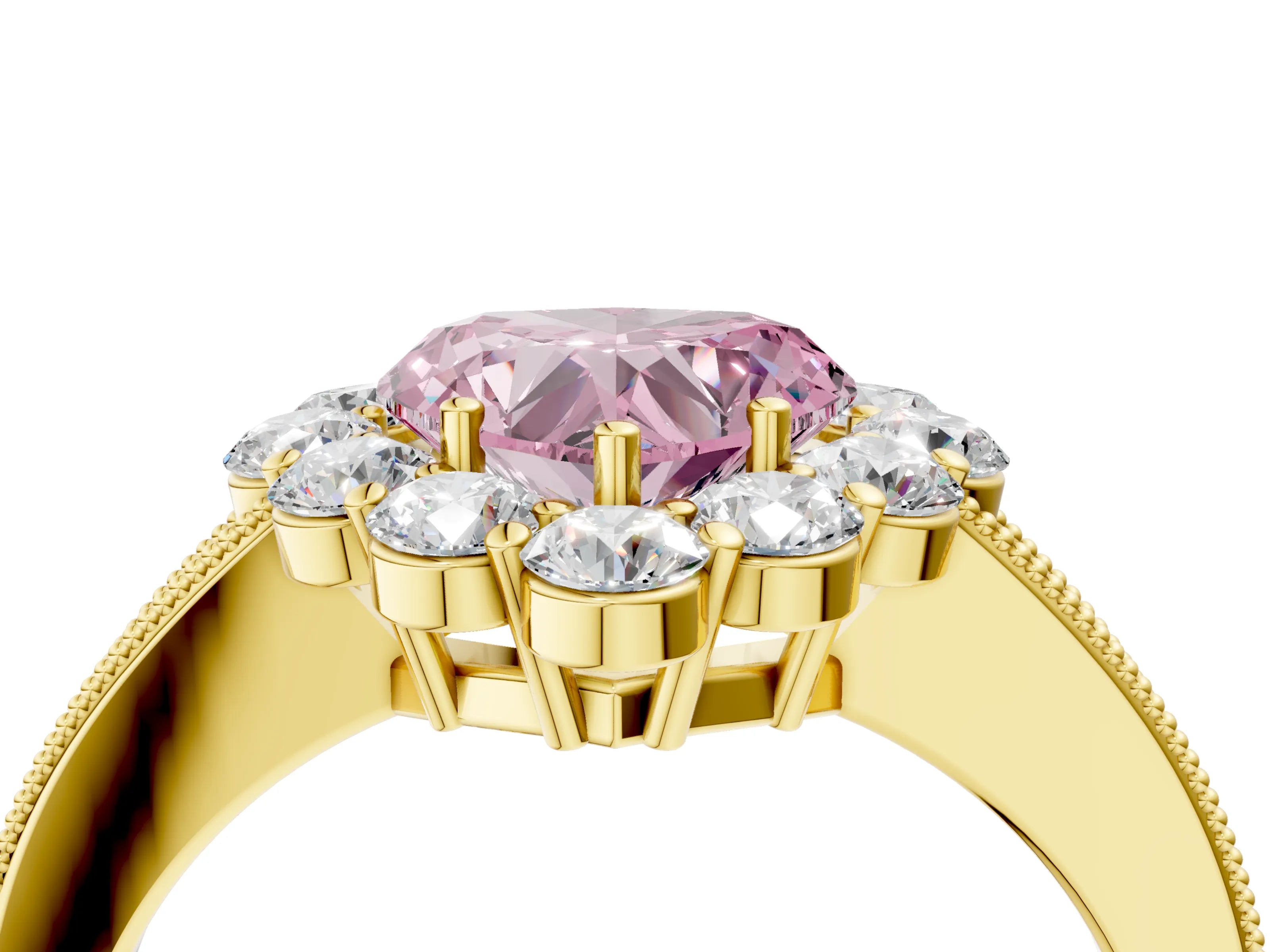 Yellow gold Fancy Pink Heart Cut Cut Halo Diamond Pavé Engagement Ring with Milgrain Detailing_4