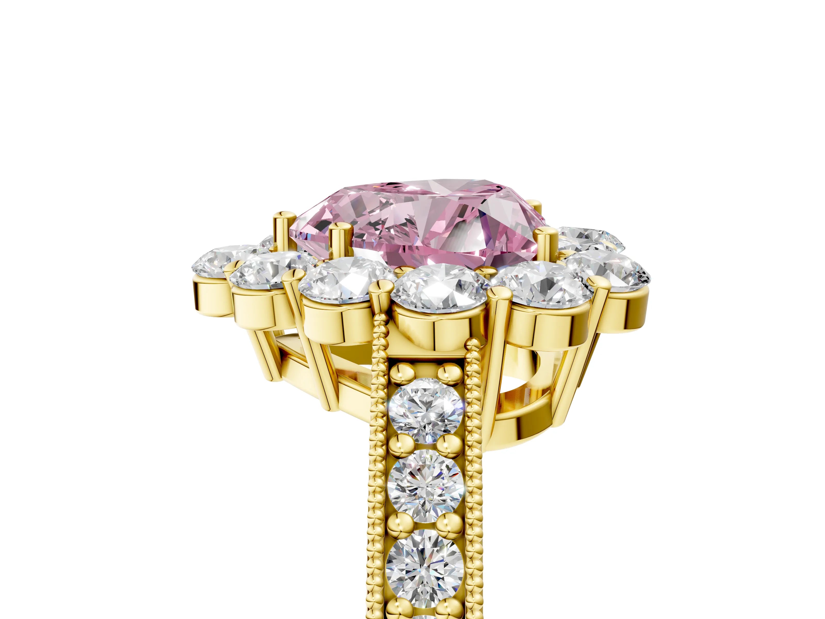 Yellow gold Fancy Pink Heart Cut Cut Halo Diamond Pavé Engagement Ring with Milgrain Detailing_5