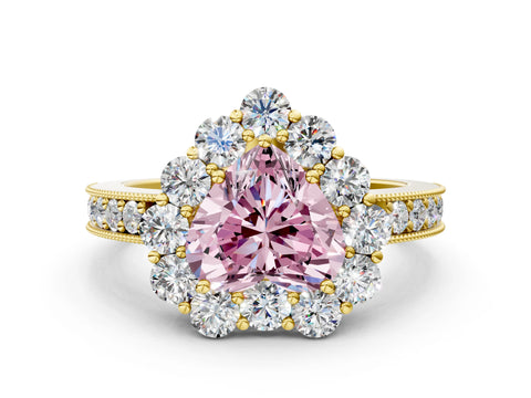 Yellow gold Fancy Pink Heart Cut Cut Halo Diamond Pavé Engagement Ring with Milgrain Detailing