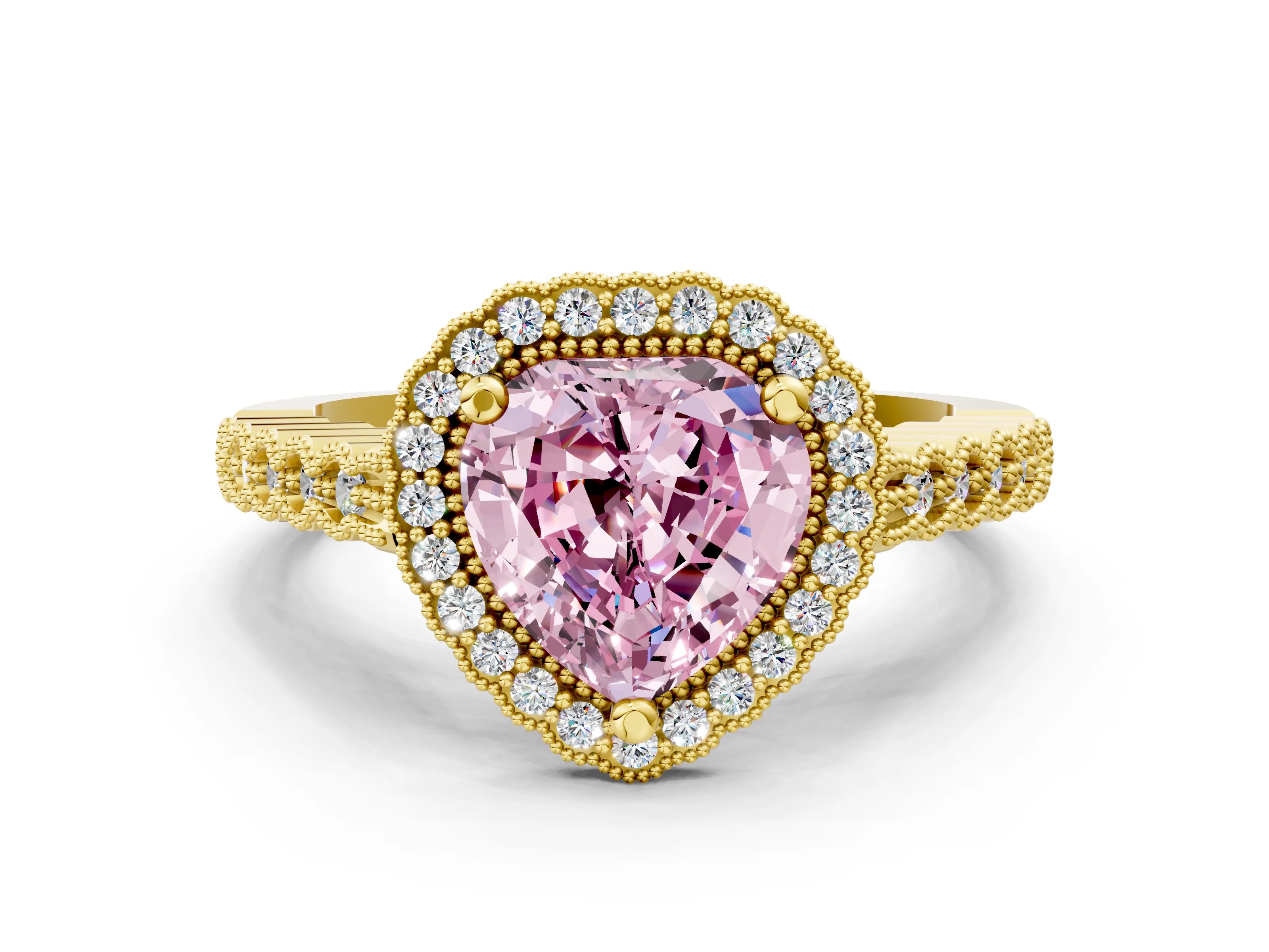 Yellow gold Fancy Pink Heart Cut Cut Halo Pavé Solitaire Ring with Milgrain Band