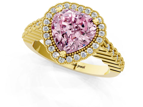 Yellow gold Fancy Pink Heart Cut Cut Halo Pavé Solitaire Ring with Milgrain Band_1