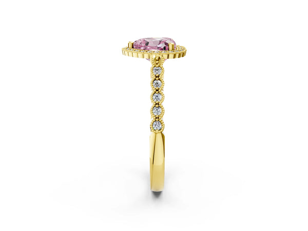 Yellow gold Fancy Pink Heart Cut Cut Halo Pavé Solitaire Ring with Milgrain Band
