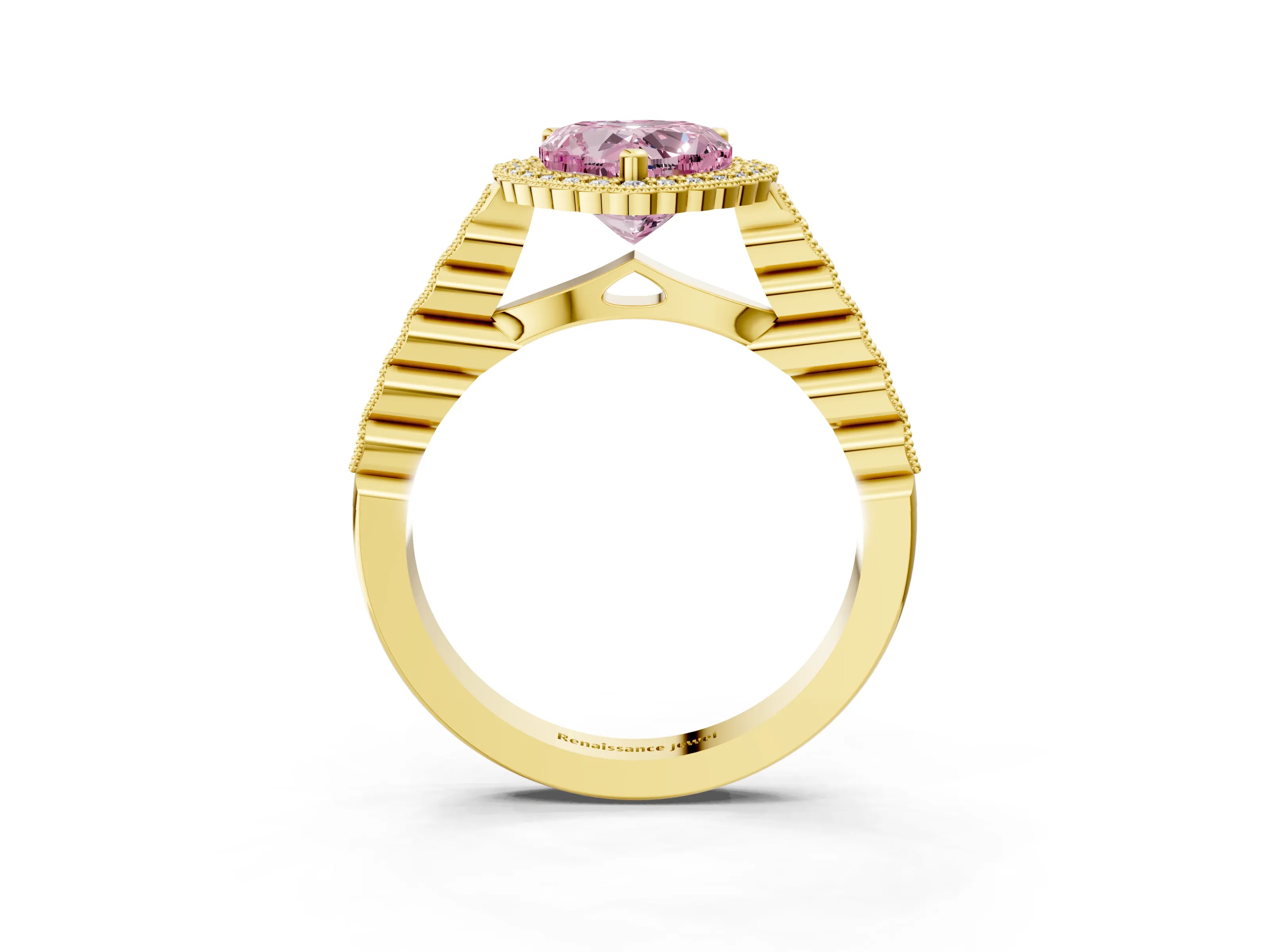 Yellow gold Fancy Pink Heart Cut Cut Halo Pavé Solitaire Ring with Milgrain Band_3