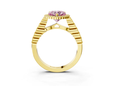Yellow gold Fancy Pink Heart Cut Cut Halo Pavé Solitaire Ring with Milgrain Band_3