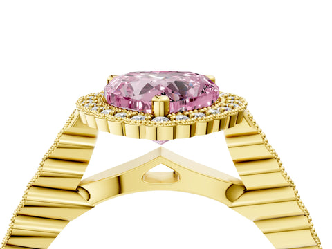 Yellow gold Fancy Pink Heart Cut Cut Halo Pavé Solitaire Ring with Milgrain Band_4