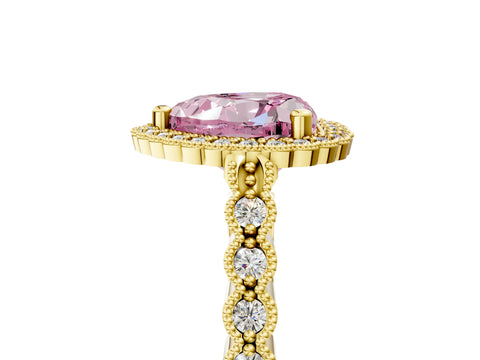 Yellow gold Fancy Pink Heart Cut Cut Halo Pavé Solitaire Ring with Milgrain Band_5