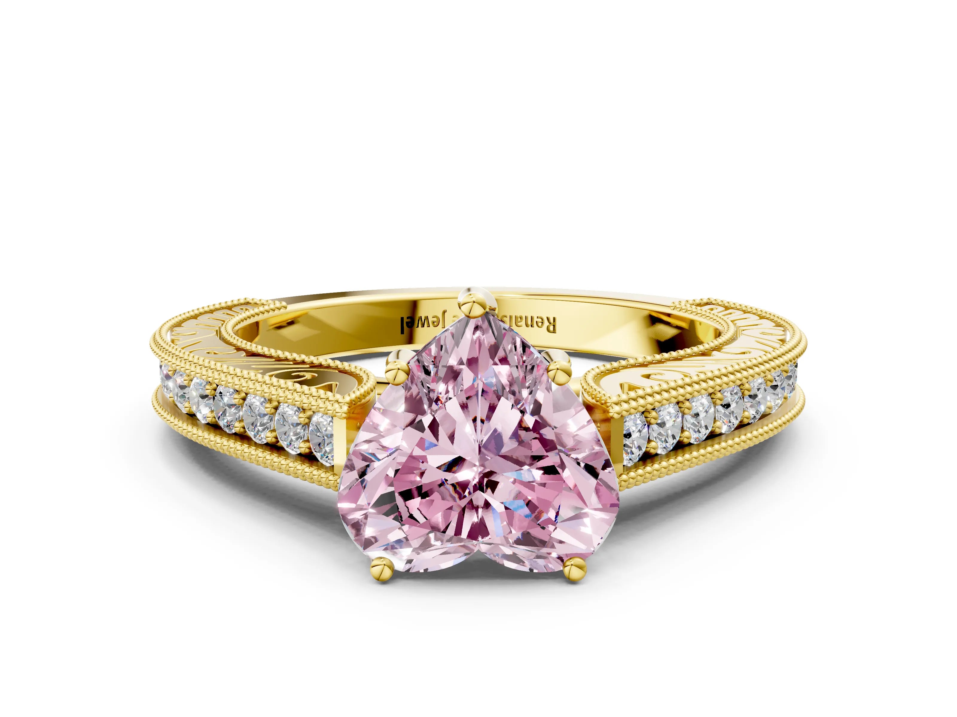 Yellow gold Fancy Pink Heart Cut Cut Pave Band Milgrain Solitaire Ring_12