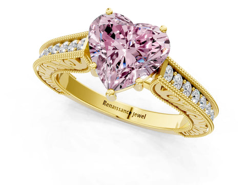 Yellow gold Fancy Pink Heart Cut Cut Pave Band Milgrain Solitaire Ring_13