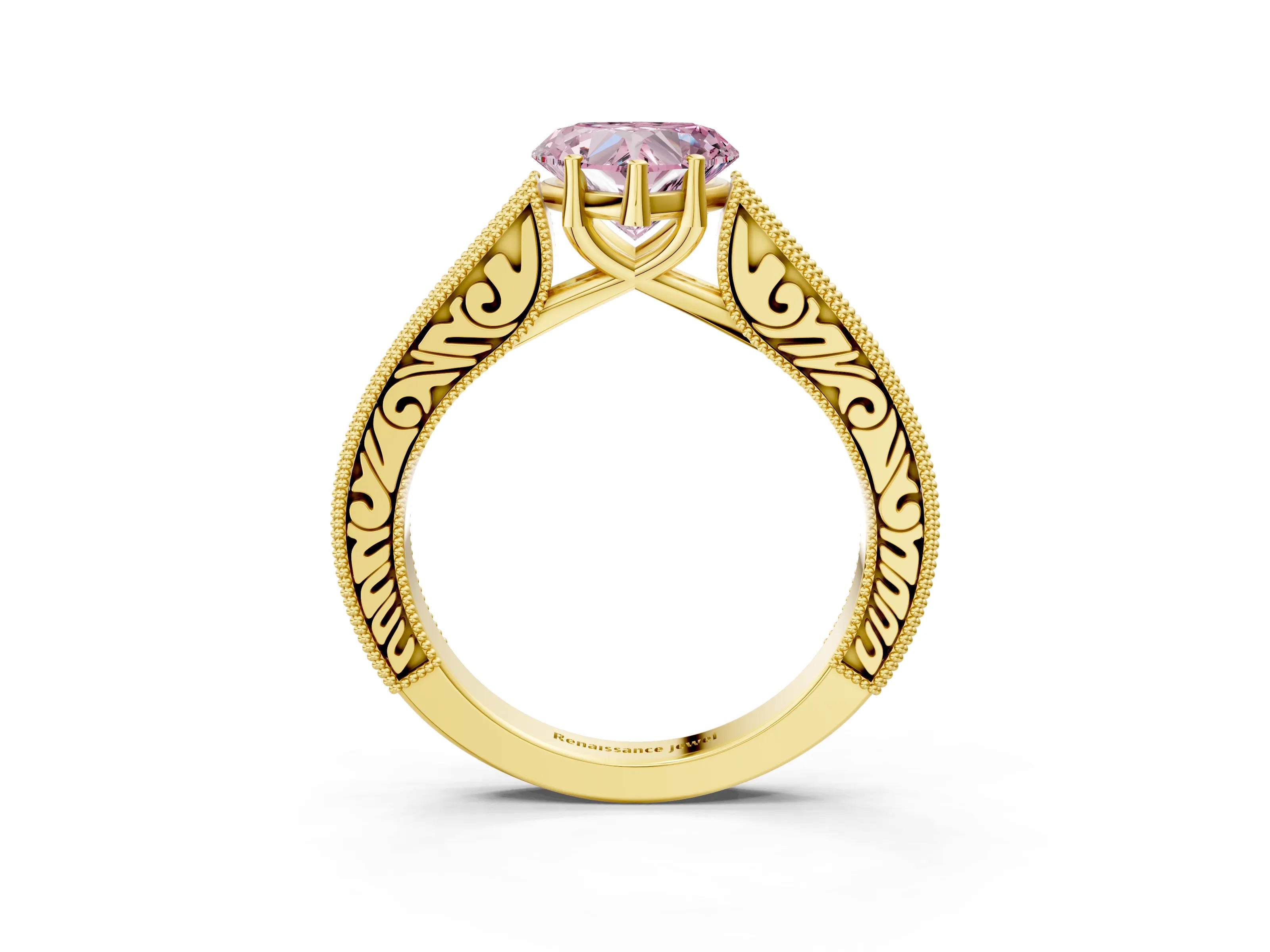 Yellow gold Fancy Pink Heart Cut Cut Pave Band Milgrain Solitaire Ring_15