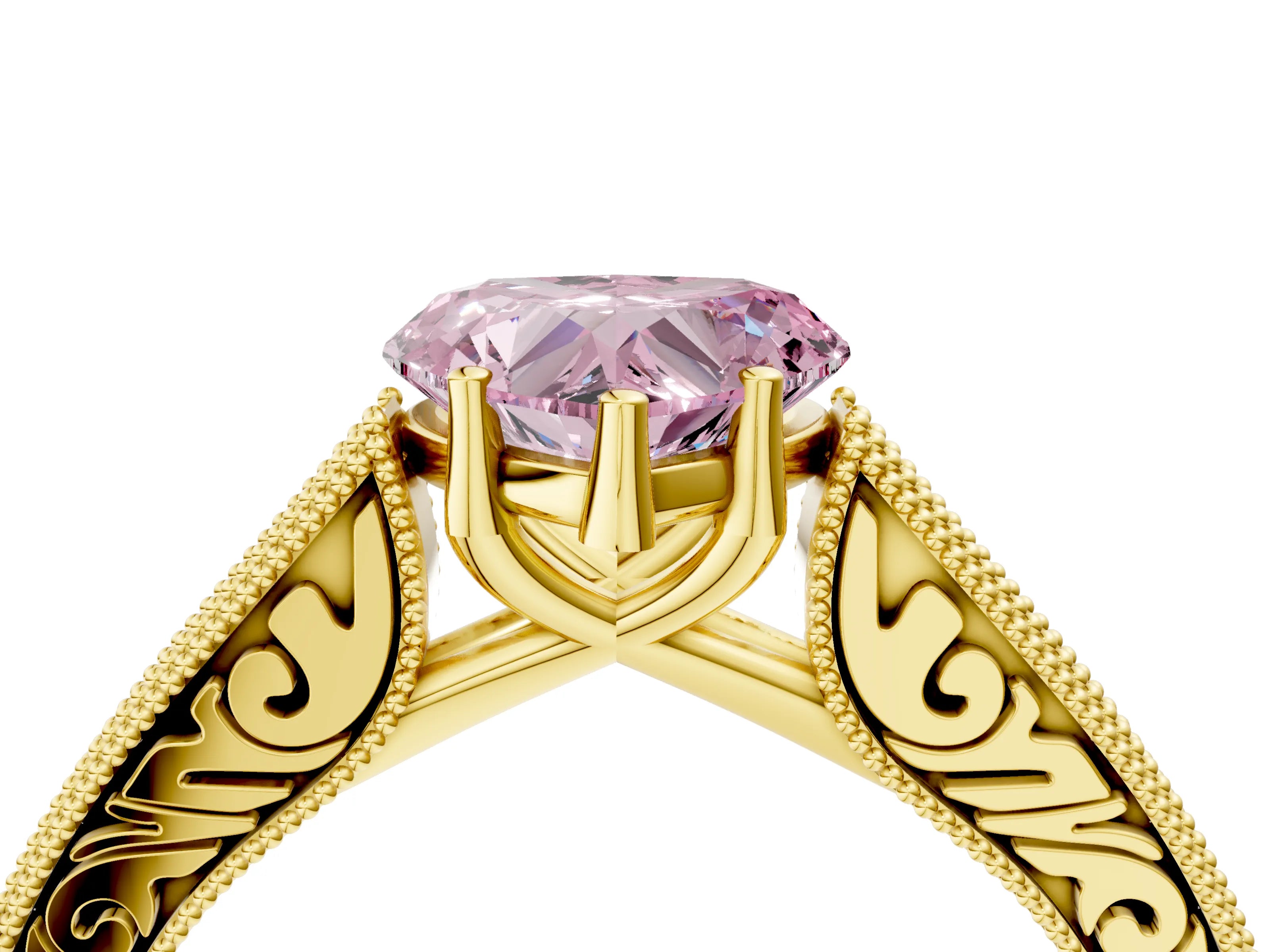 Yellow gold Fancy Pink Heart Cut Cut Pave Band Milgrain Solitaire Ring_16