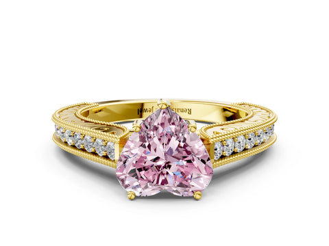 Yellow gold Fancy Pink Heart Cut Cut Pave Band Milgrain Solitaire Ring_24