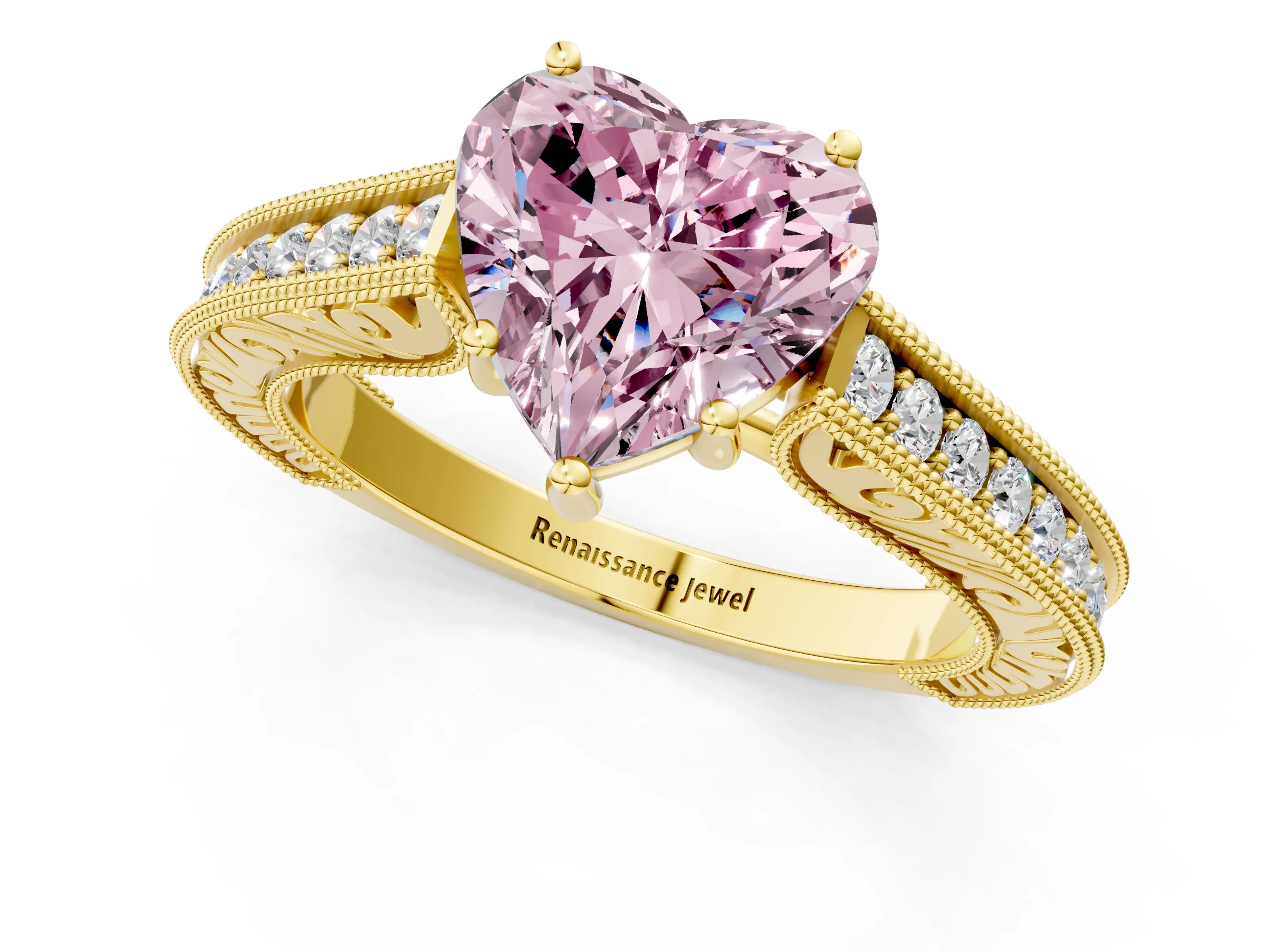 Yellow gold Fancy Pink Heart Cut Cut Pave Band Milgrain Solitaire Ring_25