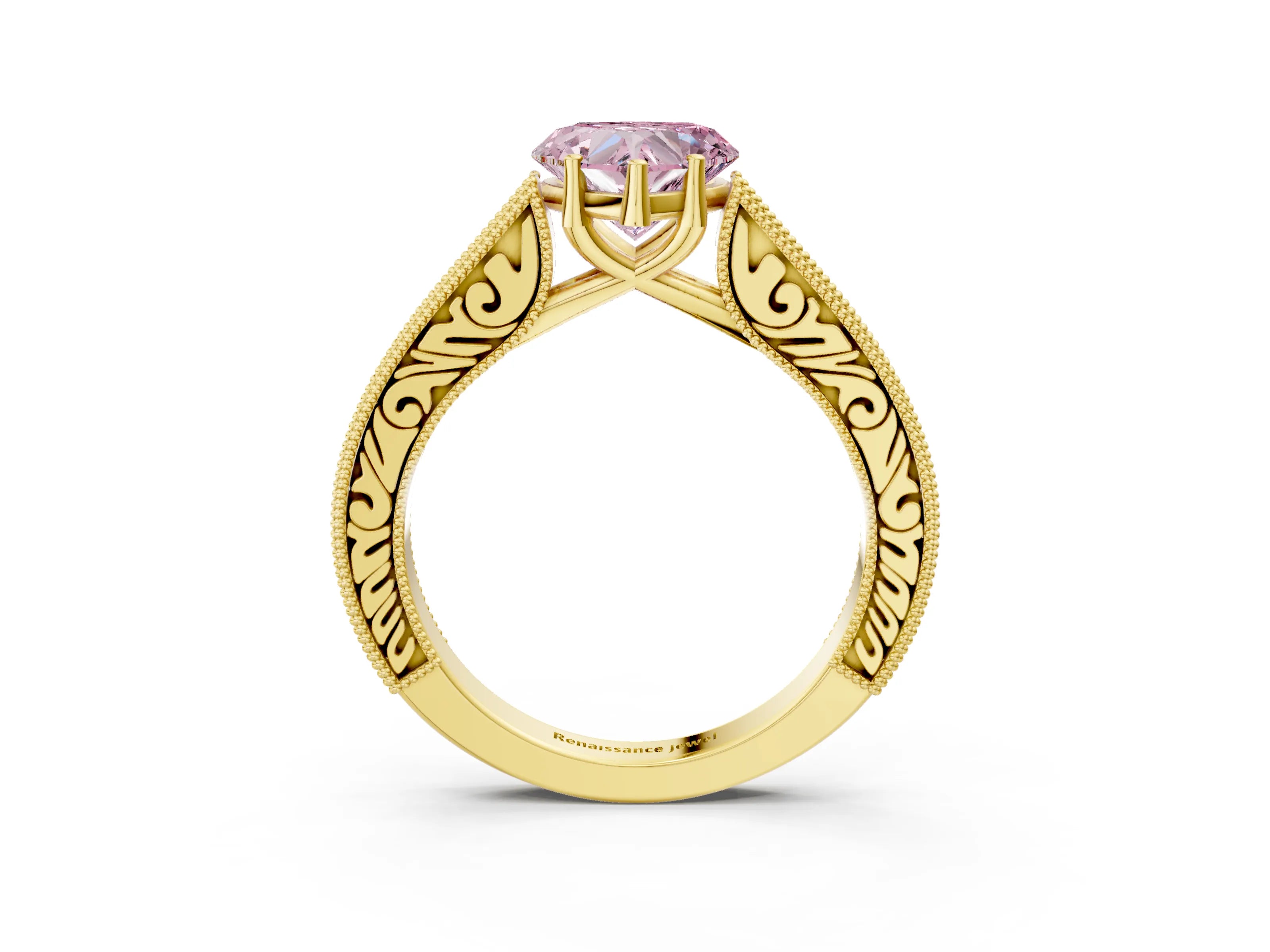 Yellow gold Fancy Pink Heart Cut Cut Pave Band Milgrain Solitaire Ring_27