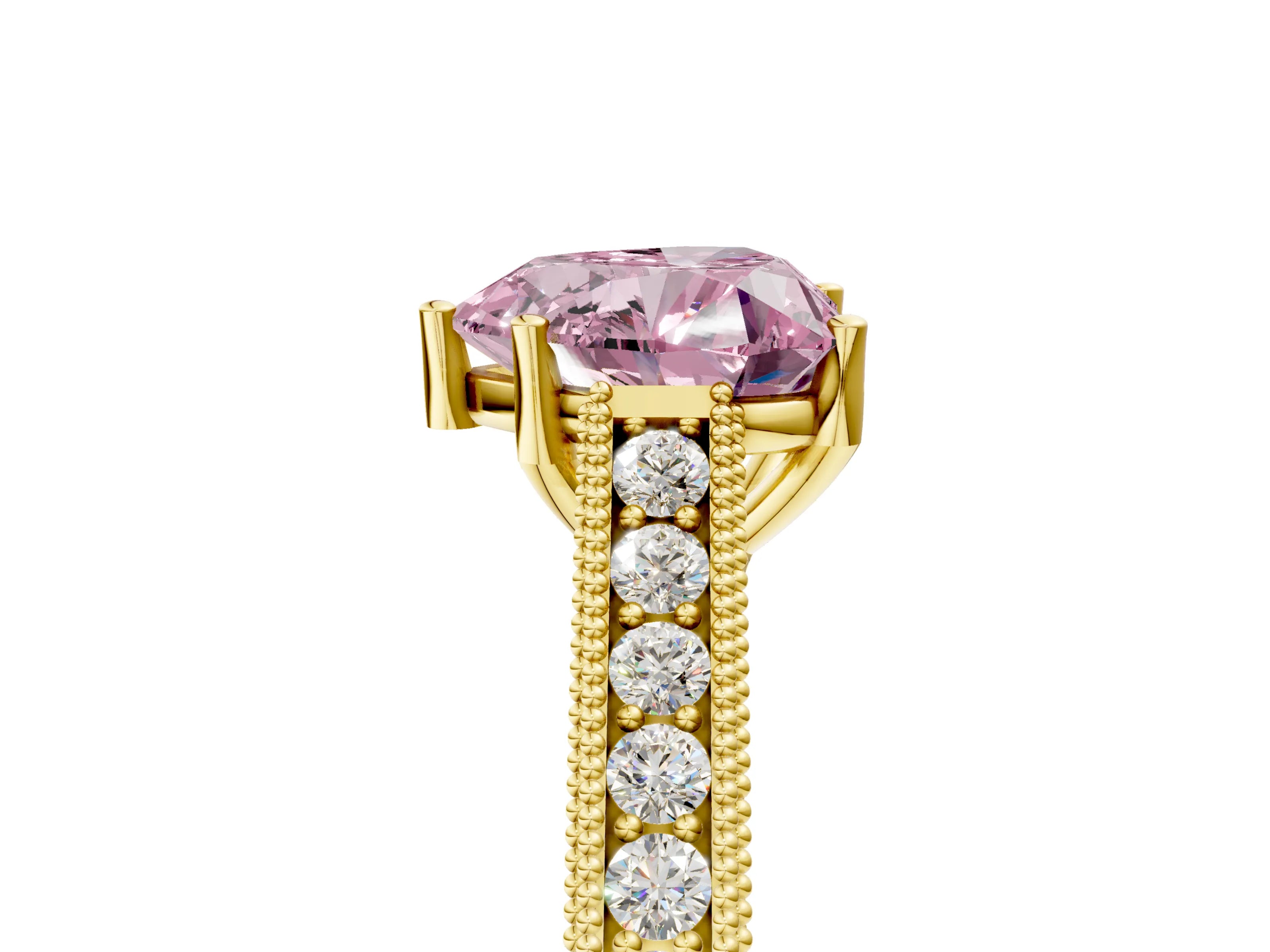 Yellow gold Fancy Pink Heart Cut Cut Pave Band Milgrain Solitaire Ring_5