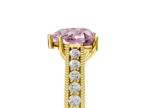Yellow gold Fancy Pink Heart Cut Cut Pave Band Milgrain Solitaire Ring_5