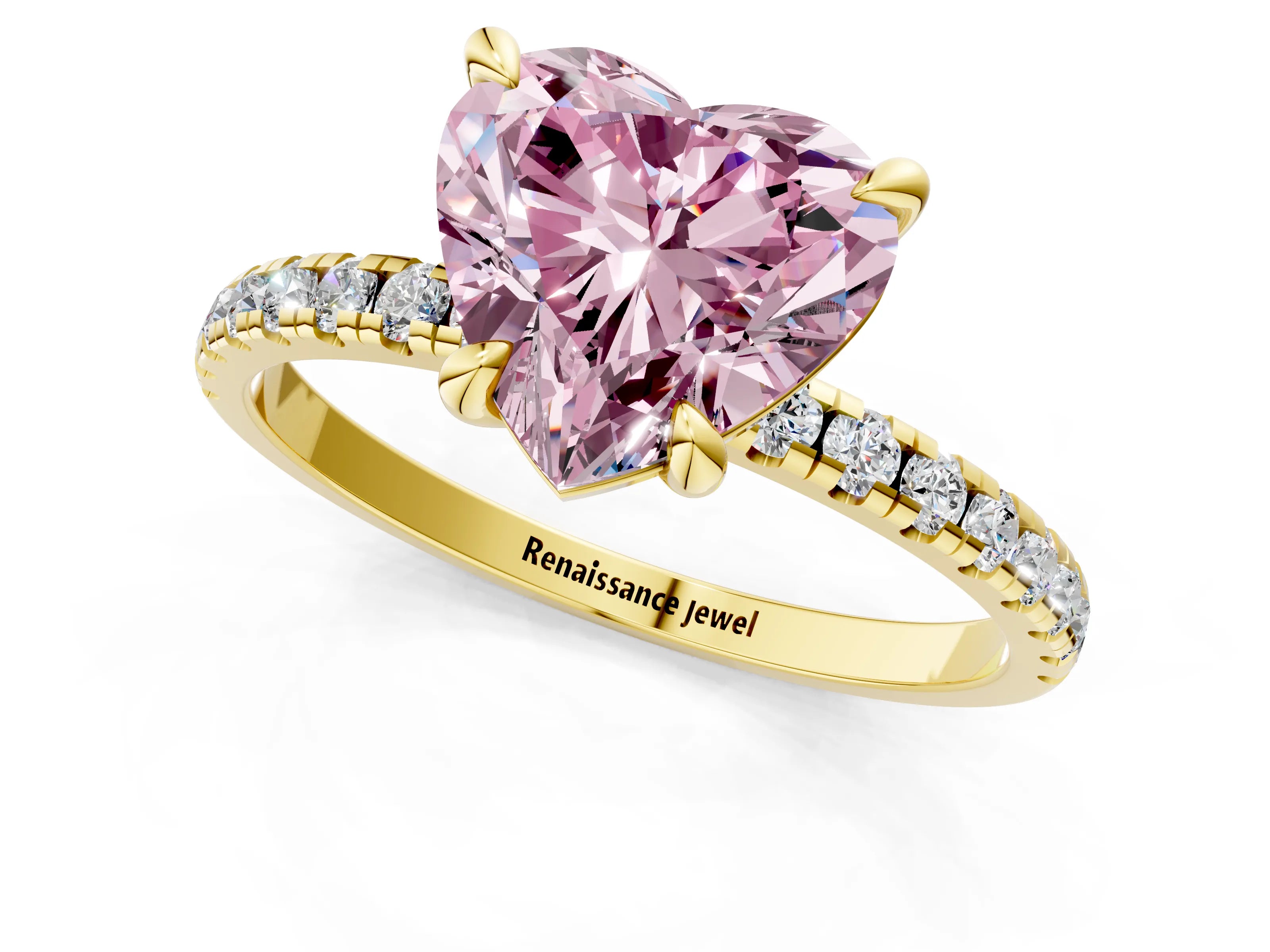 Yellow gold Fancy Pink Heart Cut Diamond Brilliant Solitaire Ring with Pavé Band and Four-Prong Setting_1