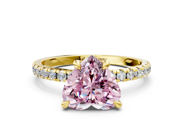 Yellow gold Fancy Pink Heart Cut Diamond Brilliant Solitaire Ring with Pavé Band and Four-Prong Setting