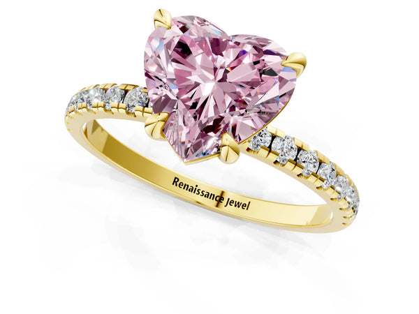 Yellow gold Fancy Pink Heart Cut Diamond Brilliant Solitaire Ring with Pavé Band and Four-Prong Setting