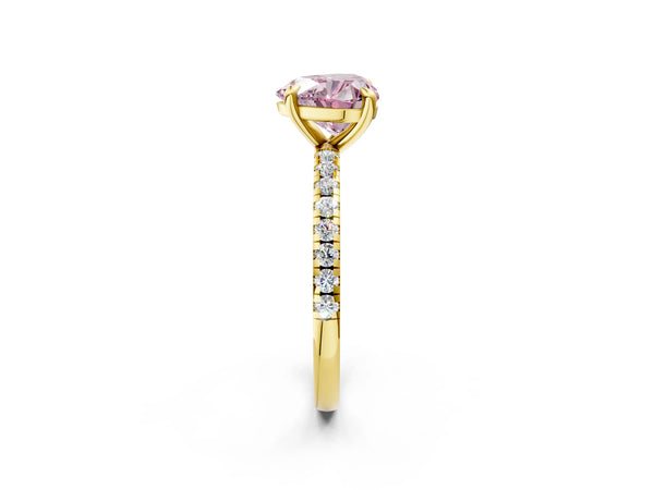 Yellow gold Fancy Pink Heart Cut Diamond Brilliant Solitaire Ring with Pavé Band and Four-Prong Setting