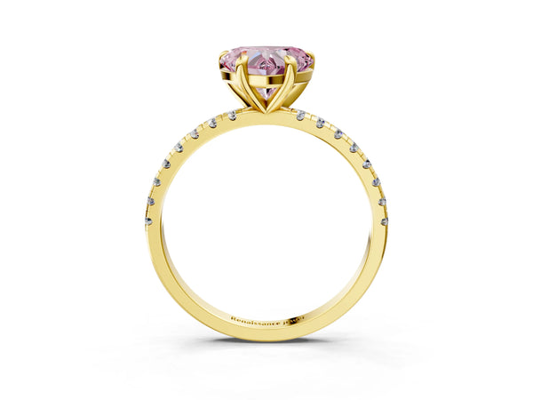 Yellow gold Fancy Pink Heart Cut Diamond Brilliant Solitaire Ring with Pavé Band and Four-Prong Setting