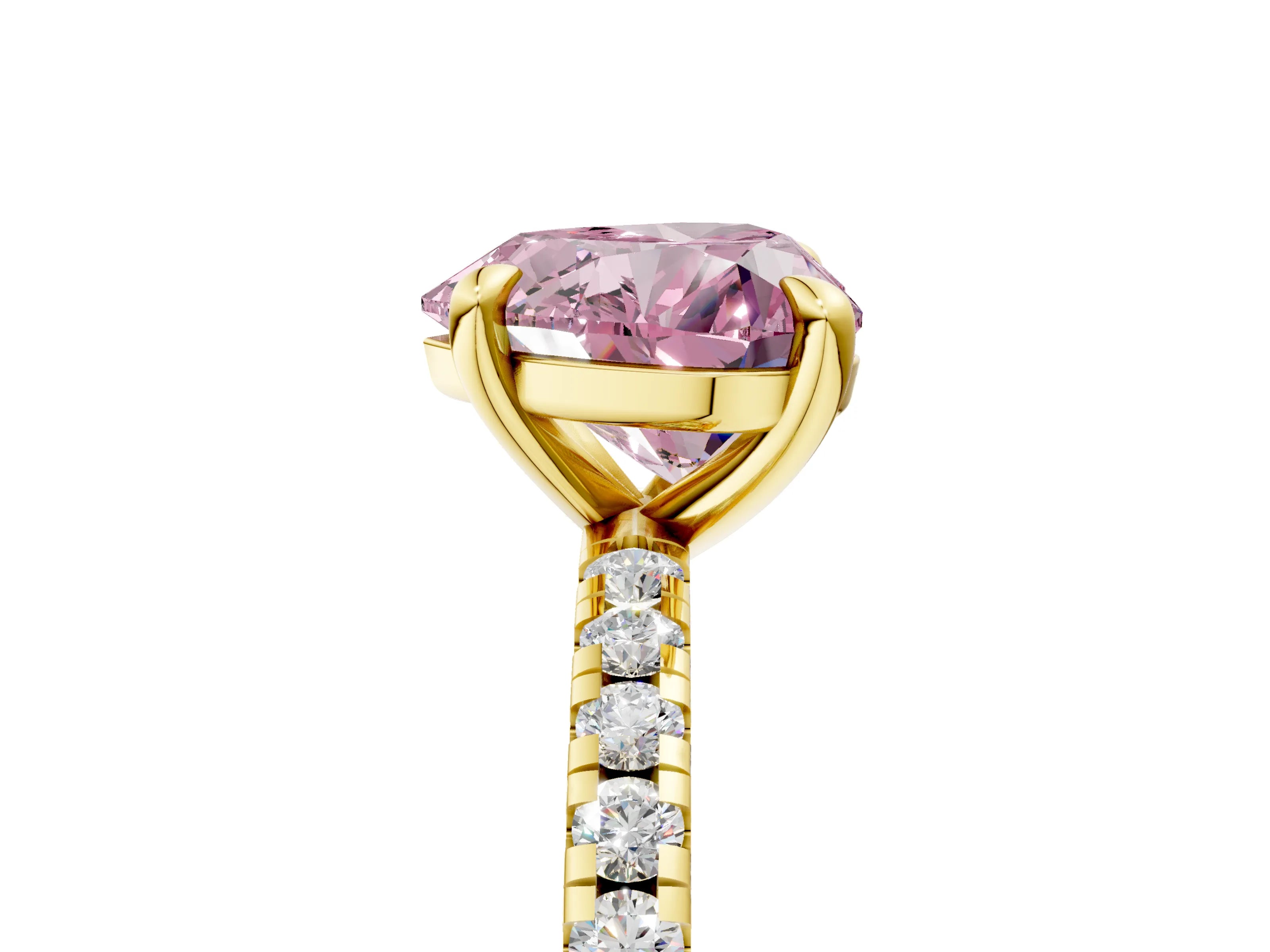 Yellow gold Fancy Pink Heart Cut Diamond Brilliant Solitaire Ring with Pavé Band and Four-Prong Setting_5
