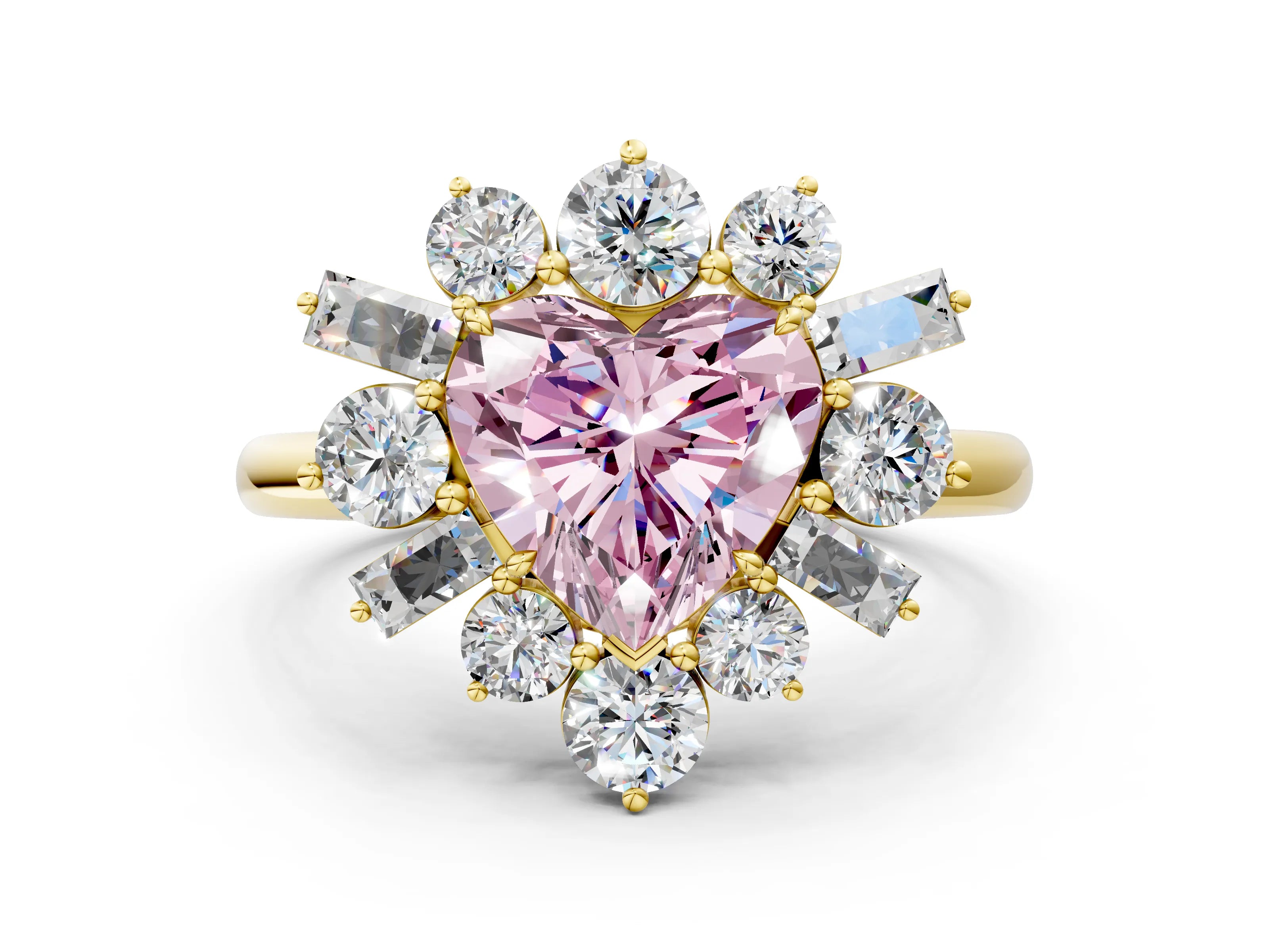Yellow gold Fancy Pink Heart Cut Diamond Cluster Ring with Round and Baguette Stones, Split Shank Band, Prong Setting
