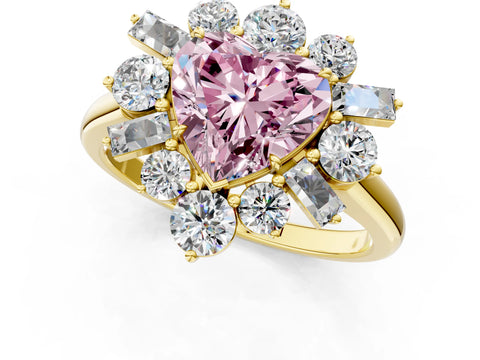 Yellow gold Fancy Pink Heart Cut Diamond Cluster Ring with Round and Baguette Stones, Split Shank Band, Prong Setting_1