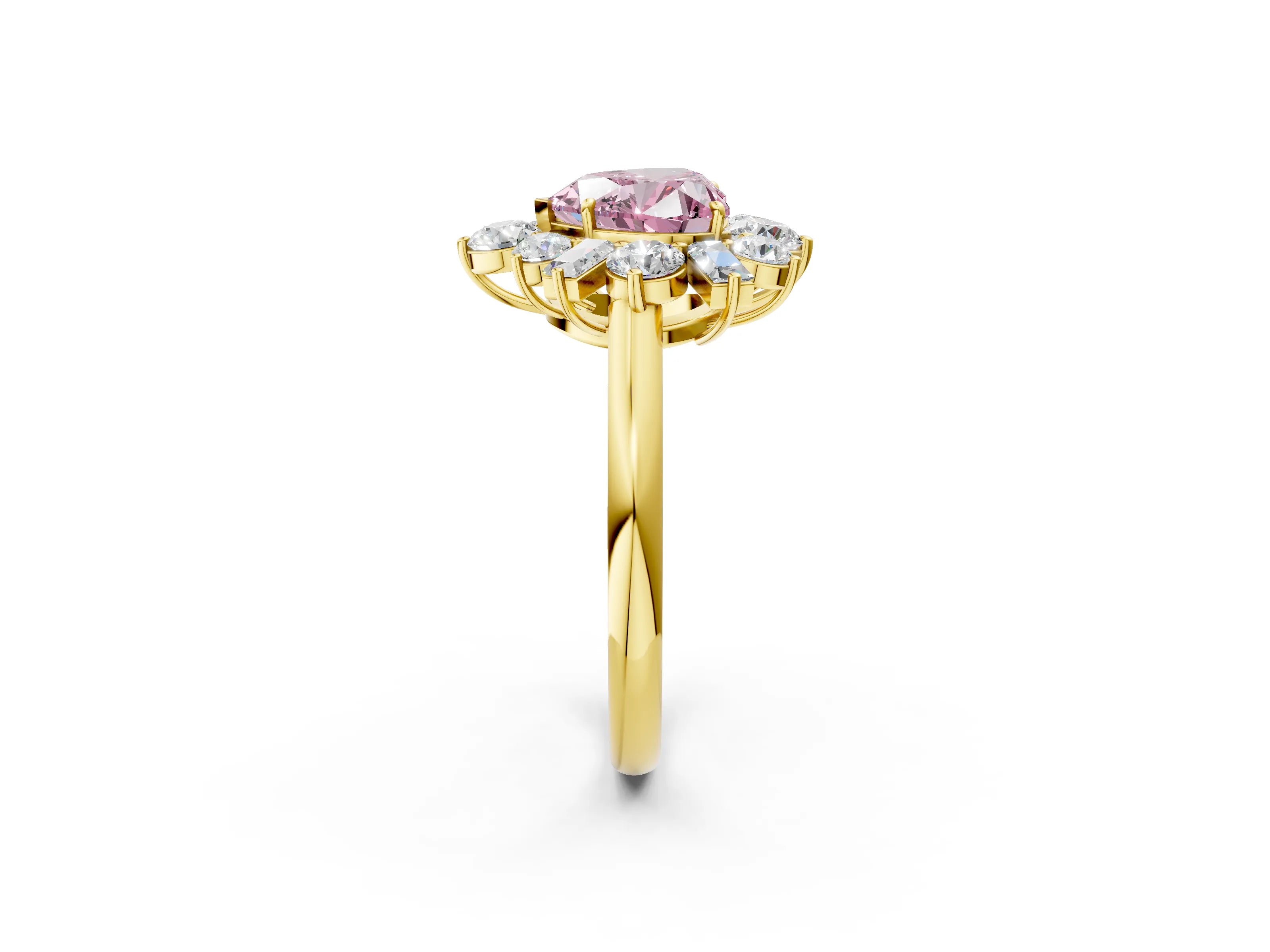 Yellow gold Fancy Pink Heart Cut Diamond Cluster Ring with Round and Baguette Stones, Split Shank Band, Prong Setting_2