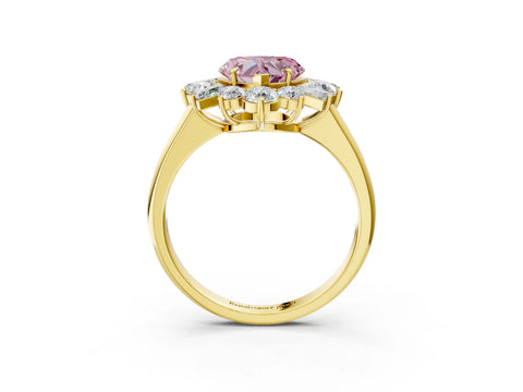 Yellow gold Fancy Pink Heart Cut Diamond Cluster Ring with Round and Baguette Stones, Split Shank Band, Prong Setting_3