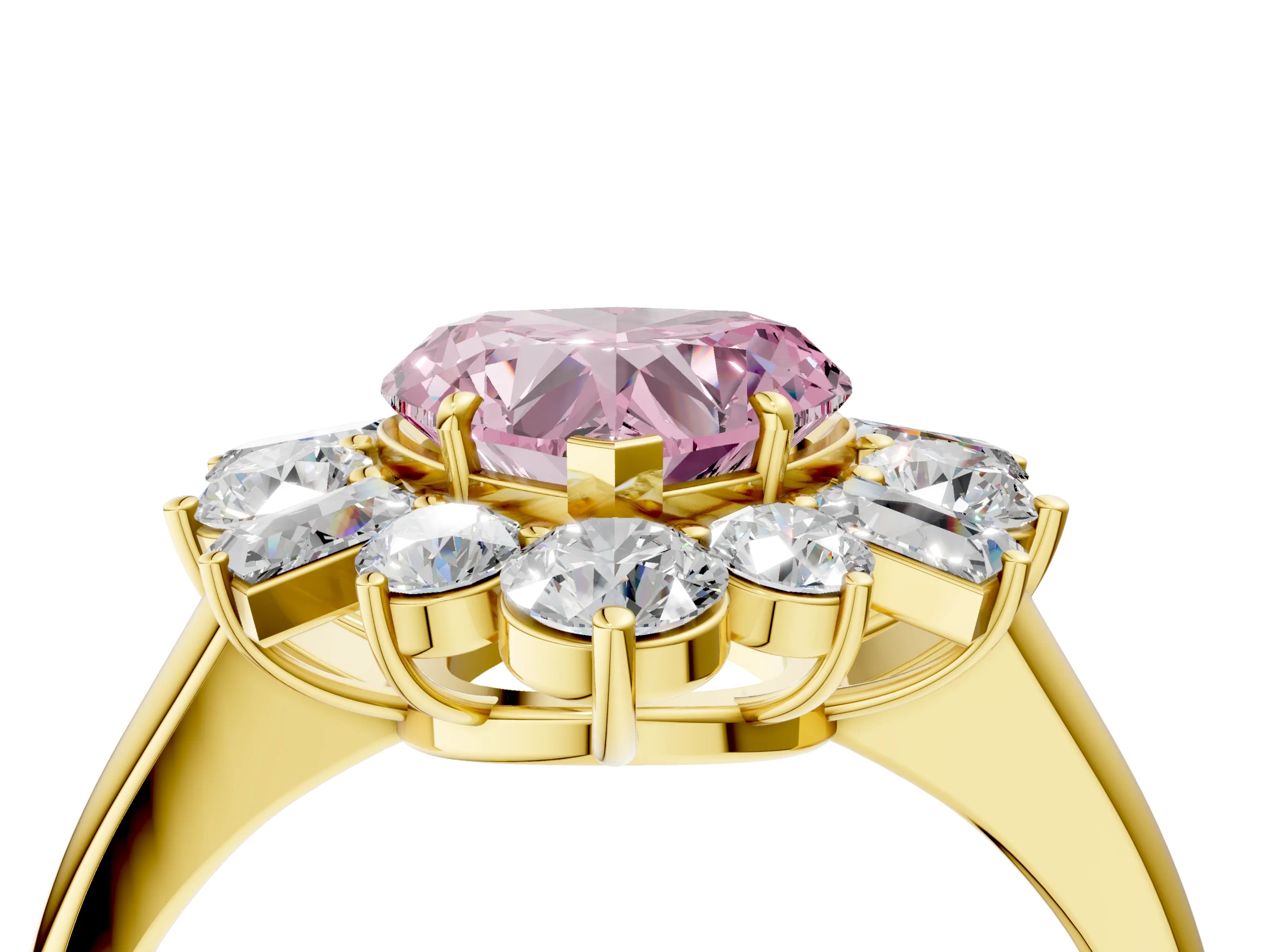 Yellow gold Fancy Pink Heart Cut Diamond Cluster Ring with Round and Baguette Stones, Split Shank Band, Prong Setting_4