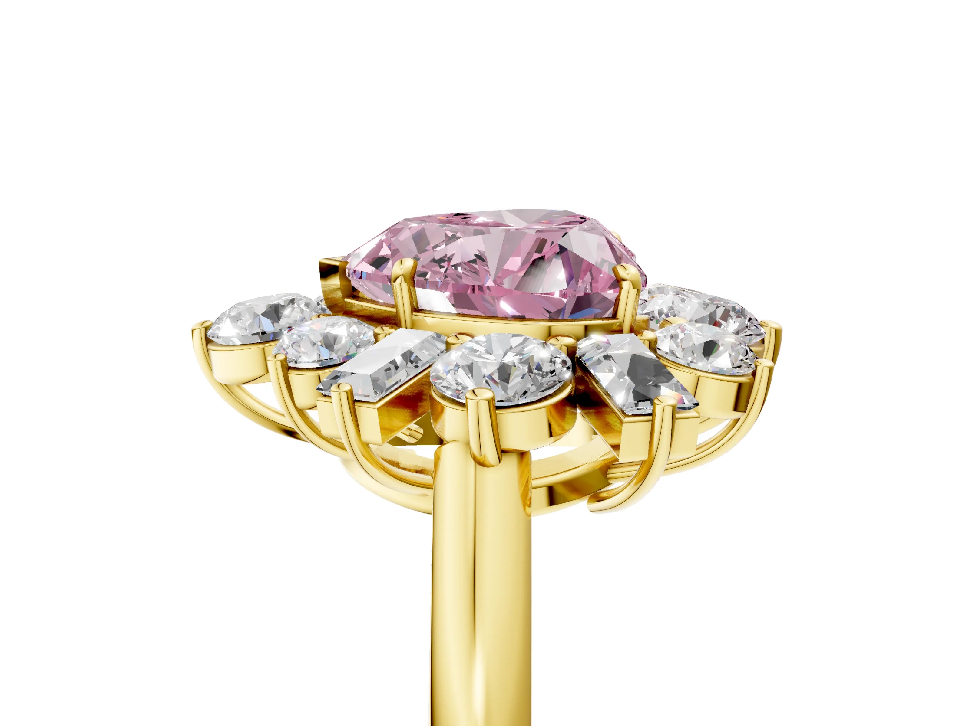 Yellow gold Fancy Pink Heart Cut Diamond Cluster Ring with Round and Baguette Stones, Split Shank Band, Prong Setting_5
