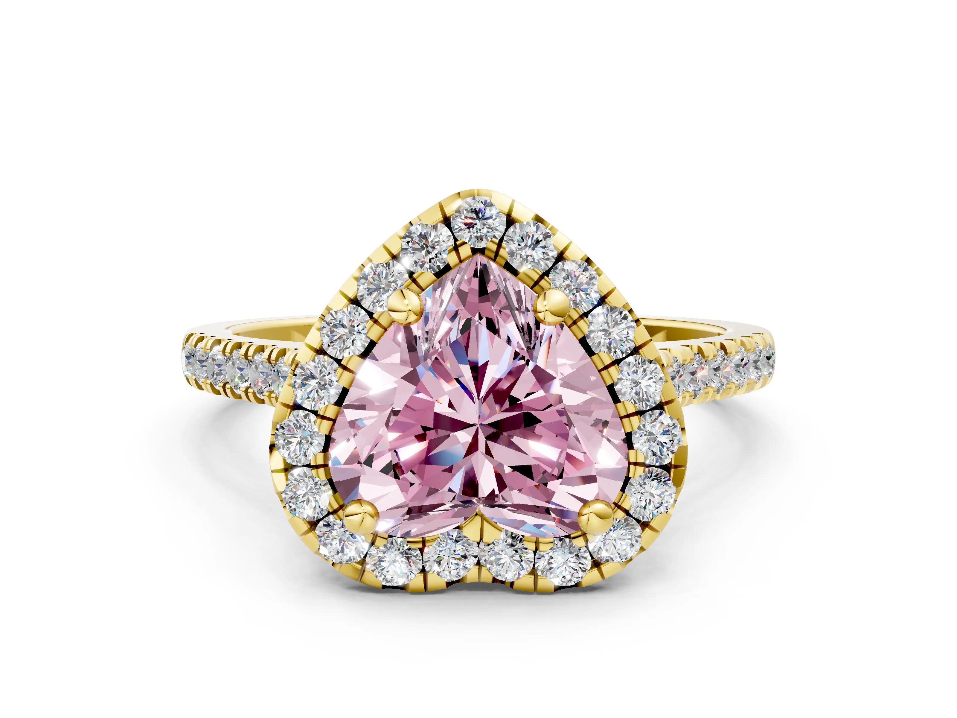 Yellow gold Fancy Pink Heart Cut Diamond Cushion Halo Ring with Pavé Band