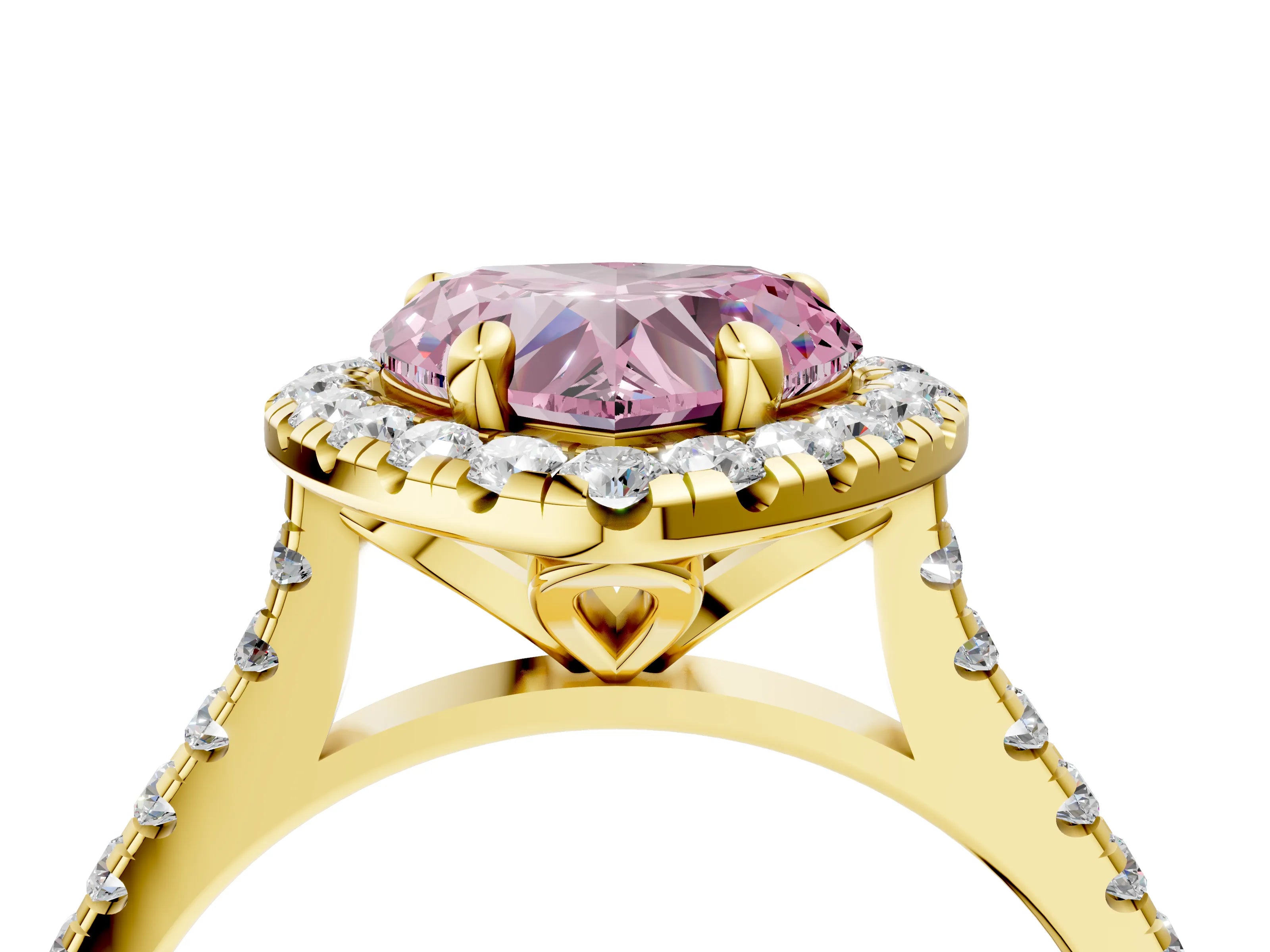 Yellow gold Fancy Pink Heart Cut Diamond Cushion Halo Ring with Pavé Band_4