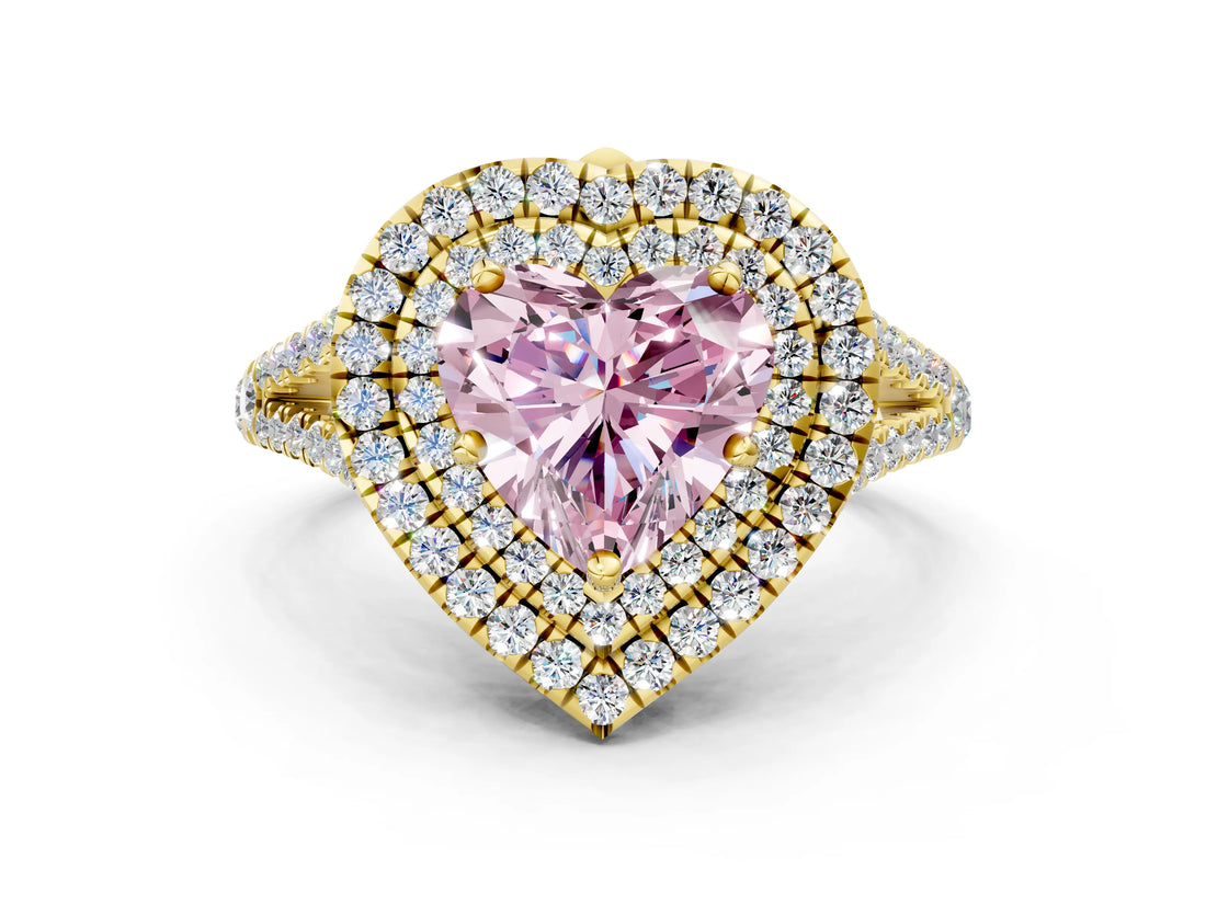 Yellow gold Fancy Pink Heart Cut Diamond Double Halo Ring with Pavé Band and Prong Setting_58
