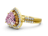 Yellow gold Fancy Pink Heart Cut Diamond Double Halo Ring with Split Shank and Four-Prong Setting
