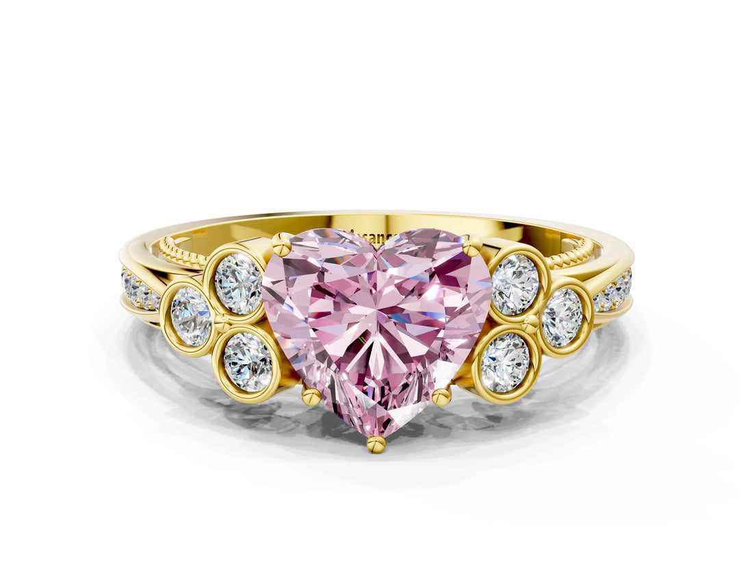 Yellow gold Fancy Pink Heart  Cut Diamond Engagement Ring with Bezel Set Round Side Stones and Prong Setting_49
