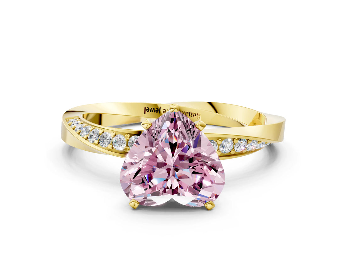 Yellow gold Fancy Pink Heart Cut Diamond Engagement Ring with Side Stone Accents and Four-Prong Setting